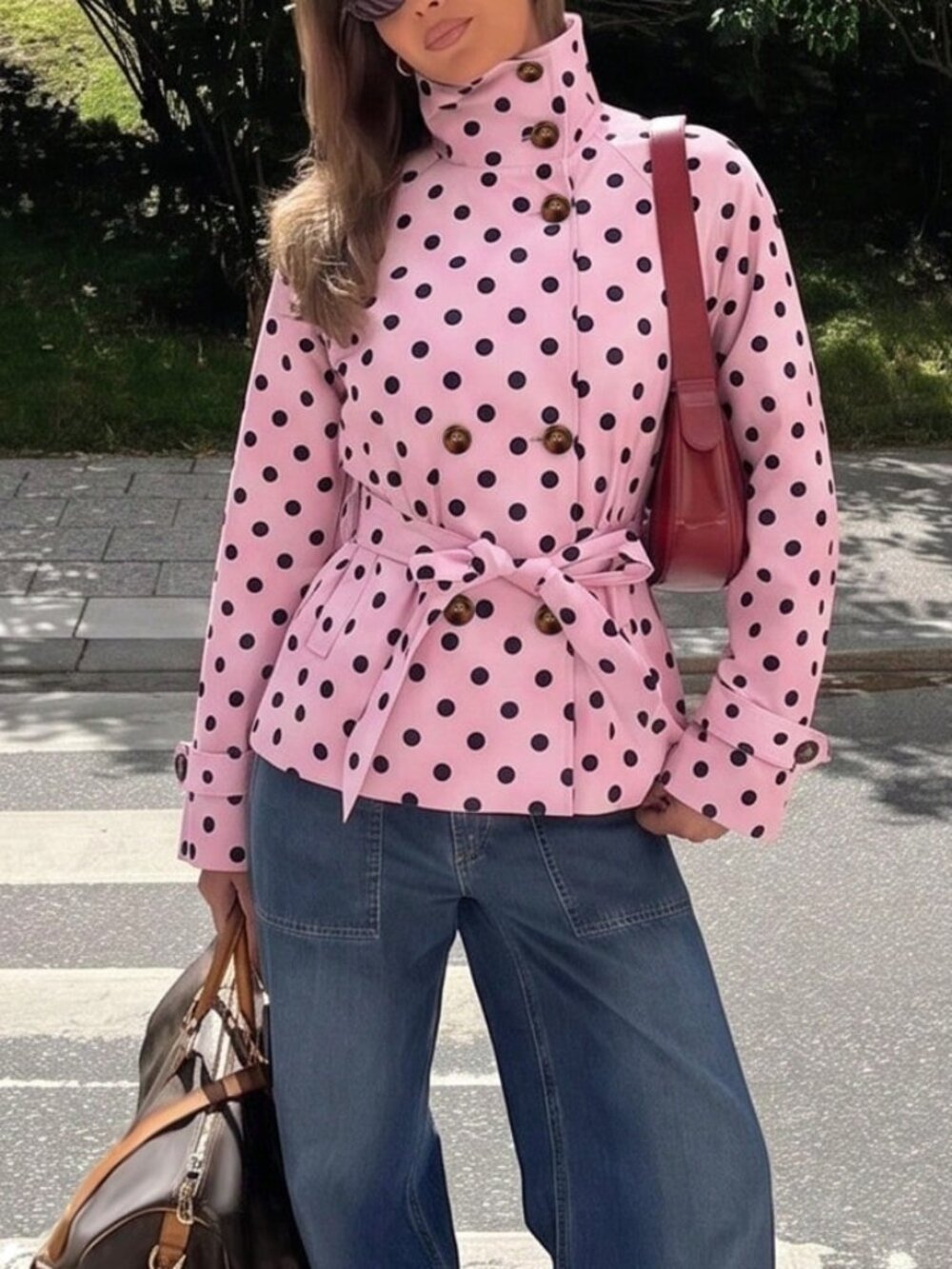 Pink Casual Women's Polka Dot Belted Stand Collar Long Sleeve Peplum Jacket - Picture 2 of 5